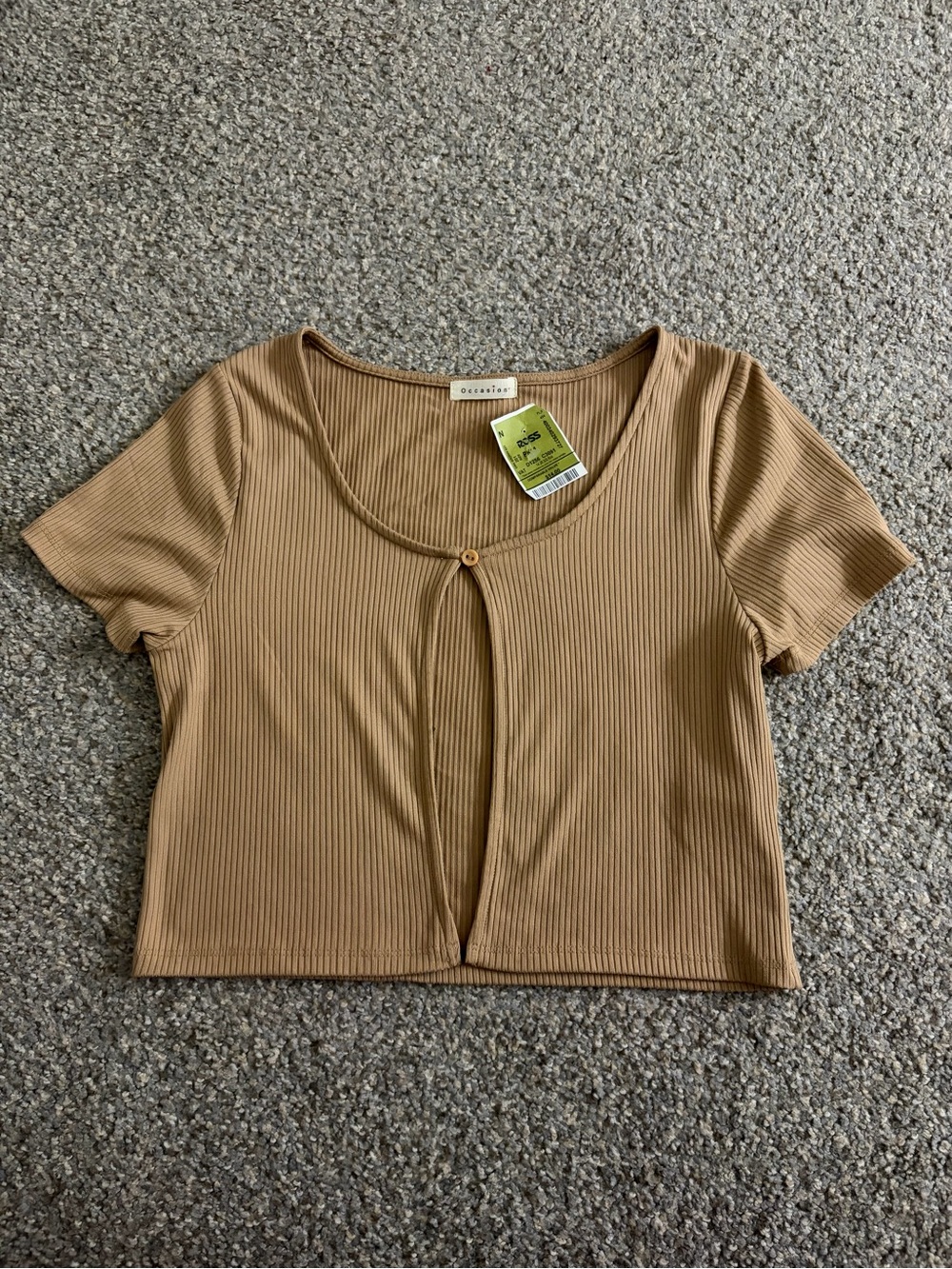 Occasion Ribbed Short Sleeve Crop Top in Camel